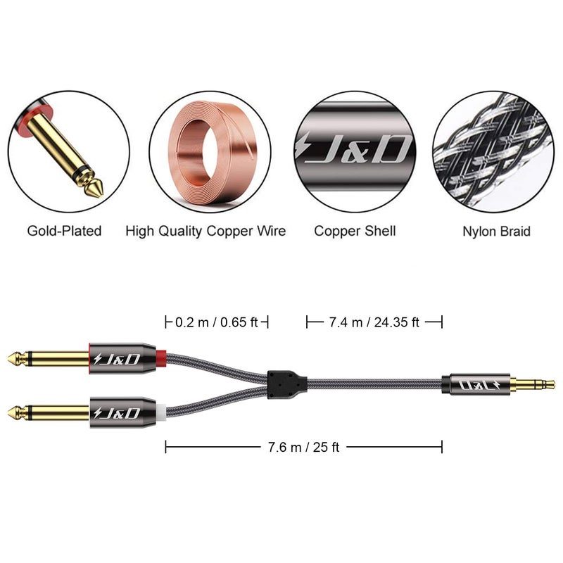 J&D 1/8 to 1/4 Stereo Cable, 3.5mm TRS to Dual 6.35mm TS Breakout Cable Y Splitter Cord for Amplifiers/Audio Mixer/Audio Recorder/MP3/MP4, Nylon Braid, Gold Plated Copper Shell, 25 Feet - Image 3